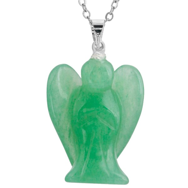 TUMBEELLUWA Guardian Angel Handmade Carved Healing Stone Crystal Pendant with Metal Alloy Chain, Green Adventurine
