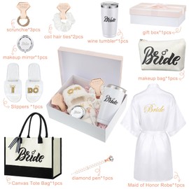 Berlune 14 Pcs Bride Gifts Box Sets Include Short Satin Robes Canvas Tote Bag Stainless Steel Glasses Slippers Wedding Gifts