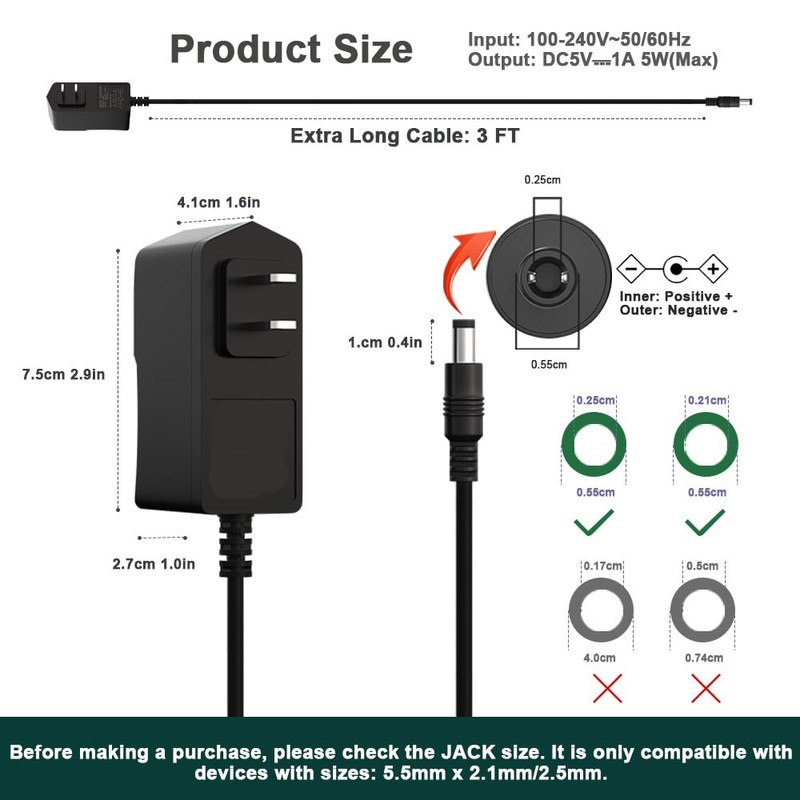 5V 1A AC Adapter 5W AC/DC Charger AC 100V-240V Wall