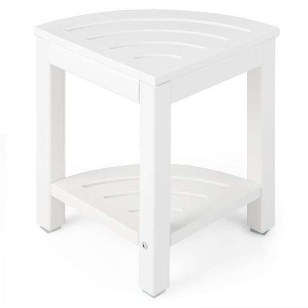 Giantex Corner Shower Stool Waterproof - HDPE Shower Bench Seat with Storage Shelf for Shaving Legs, Non-Slip Foot Pads, Plastic Spa Bath Step Foot Rest for Bathroom Small Place (White)