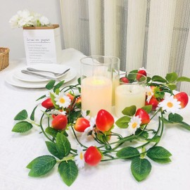 Sezrgiu 2pcs Artificial Flowers Garland Red Strawberry Garland Fake Flower Daisy Green Leaves Vine Greenery Decorative Wall Hanging Plant for Wedding Arch Door Arrangement Party Decor (White)
