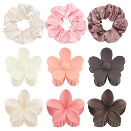 Ufgin Flower Hair Clips and Scrunchies Set - 6 Non-Slip Spring Clips + 3 Satin Hair Ties Flower Hair Claw Clips for Women Girls