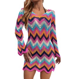 BreathSunny Womens Striped V Neck Long Sleeve Color Block Beach Bikini Cover Up Dress Summer 2025 Bathing Suit Coverups, Rose Red, Medium