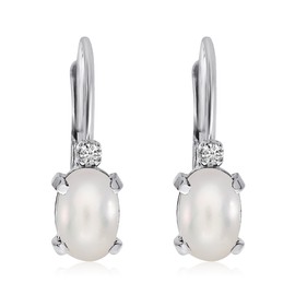 14k White Gold Oval Freshwater Cultured Pearl and Diamond Leverback Earrings