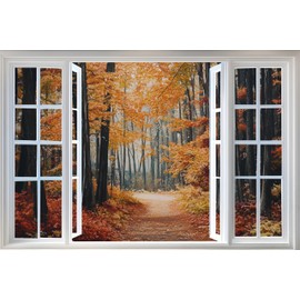 WOOHOOROO Autumn Forest Peel and Stick 3D Fake Window Stickers,Trees and Leaves Removable Wall Mural Decoration,24" x 36"