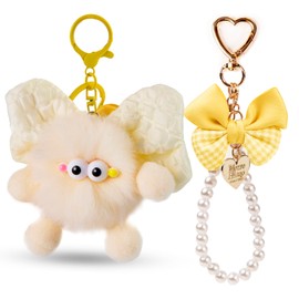 YOU WIZV Cute Pom Pom Keychains for Women/girls,Bow Briquette Bag Charms with Aesthetic Pearl Wristlet Keychains,Beige Key Chain Accessories for purse backpack carkeys