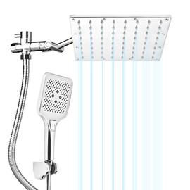Shower Head Combo,10 Inch Anti-leak Rain Shower Head with 11 Inch Adjustable Extension Arm and 3 Settings Handheld Shower Head Combo with Holder/Hose, Height/Angle Adjustable - Chrome