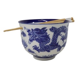 Ebros Gift Artistic Donburi Ramen Udon Noodles Soup Salad 5" D 18Oz Bowl With Bamboo Chopsticks And Built In Rest Set Asian Dining Kitchen Accent (Blue And White Oriental Ryu Dragon King)