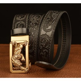 xichuangyuXCY Men's Ratchet Belt Classic Style Retro Dragon Ratchet Buckle Men's Leather Belt Carved Belt Casual Business Belt, Black Flower Pattern Tiger 1, M