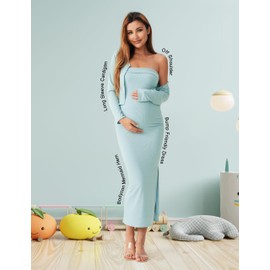 QUNISY 2 Piece Maternity Dress Cardigan Set, Strapless Bodycon Maxi Tube Dresses Long for Baby Shower Photoshoot Formal, Light Blue L