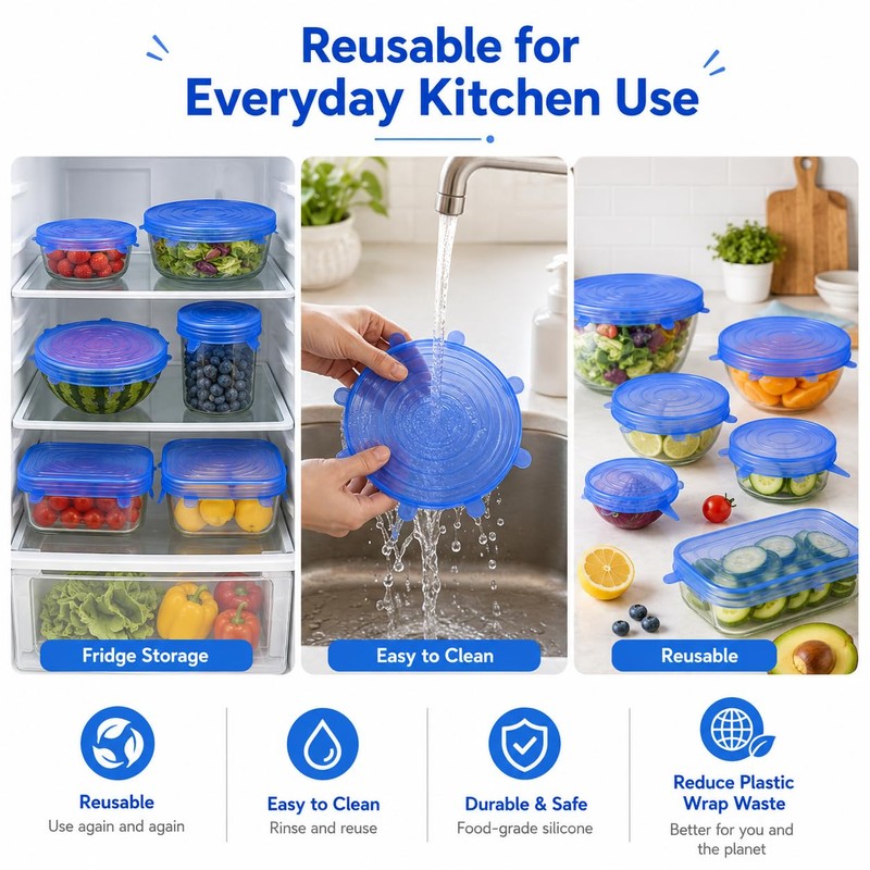 6pcs Reusable Silicone Stretch Lids, Six-piece Set Of Silicone Fresh-keeping