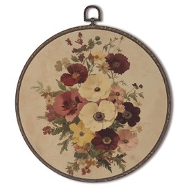 XNXLDYLH Vintage Beige Floral Round Framed Wall Art Decor, Retro Cottage Core Flower Hanging Wall Decor Decorations, Neutral Botanical Wildflower Canvas Prints Wall Art Pictures Paintings, 10x10 Inch