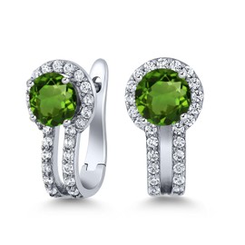 Gem Stone King 925 Sterling Silver Green Chrome Diopside and White Created Sapphire Earrings For Women (1.50 Cttw, Gemstone Birthstone, Round 5MM)