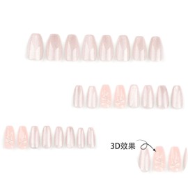 Hkanlre Medium Coffin Press on Nails Shiny Fake Pink Nails Tips Full Cover False Cute Bow Nails for Women and Girls 24PCS