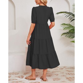 YEXPINE Womens Summer Cotton Puff Sleeve Maxi Dress Tired Ruffle Neck with Drawstring Summer Beach Dressses with Pockets Black