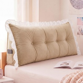 Leinuosen 39 in Ruffle Headboard Pillow for Dorm Twin XL College Bed Reading Bolster Dorm Velvet Triangular Bed Backrest Pillow Cushion for College Reading Support(Warm White)