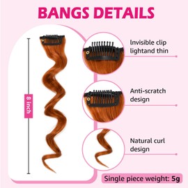 UAmy hair Long Copper Red Side Bangs 2Pcs Set Ginger Wavy Curly Clip on Bangs for Women Wavy Curly Clip in Curtain Bangs for Daily Use