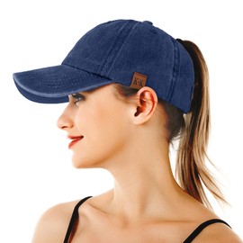 Ponytail Baseball Caps for Women - Washed High Pony Caps, Solid Color Cotton Adjustable Trucker Dad Cap Classic Vintage Denim Baseball Hats High Bun Pony Sun Caps for Women Ladies Outdoor (Navy)