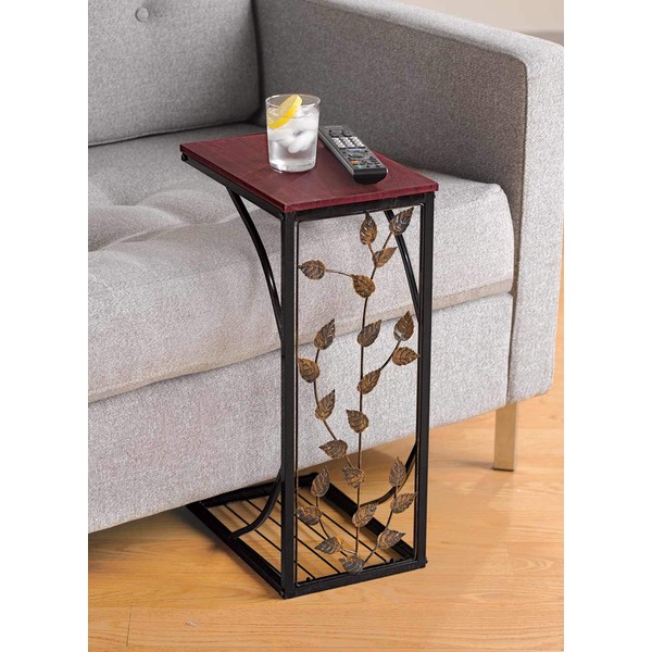 Sofa Side and End Table, Small - Metal, Dark Brown Wood Top With Leaf Design - Perfect for Your Living Room, Slides Up To Sofa / Chair / Recliner - Keep Snacks, Drinks Books & Phone At Easy Reach