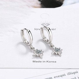 925 Silver Star Hoop Earrings for Women Girls Cubic Zirconia Sun Pendent Earrings Elegant Statement Crystal Party Jewelry Gift (Silver)