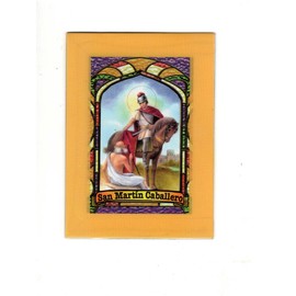 San Martin Caballero Bilingual Prayer Card With Vinyl Sleeve Estampa Religiosa Bilingue Con Funda De Vinilo.