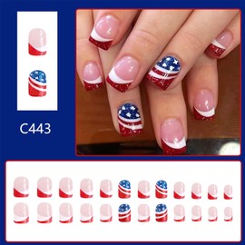 24pcs 4th Of July Press On Nails French Tip Fake Nails Short Square False With American Flag Star Designs Independence Day False Nails Acrylic Glue On Nails For Women Manicure Decoration