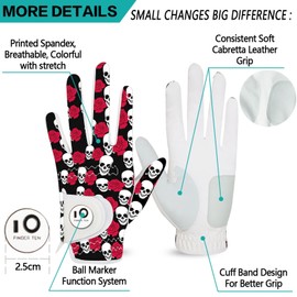 FINGER TEN Golf Gloves Men Left Hand Right Leather With Ball Marker Printed Grip 2 Pack, Mens Golf Glove All Weather Weathersof (Medium, Worn on Left Hand- Red)…