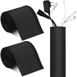 2 Pcs 120" Cable Management Sleeve Neoprene Cord Organizer Reversible Flexible Cable Sleeve Wrap Cover Cuttable DIY Adjustable Hole Wire Hider Protect Black for Office Computer TV Desk Home(120 Inch)