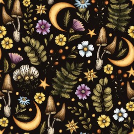 WalRiddle Black Yellow Mushroom Moon Leaf Vintage Peel and Stick Wallpaper Esay Peel Off Vintage Self Adhesive Removable Stick on Wall Paper for Kitchen Cabinet Furniture Renter Friendly