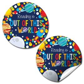 Reading is Out of This World Space Themed Reading Encouragement Sticker Labels, 40 2" Party Circle Stickers by AmandaCreation, Great for Teachers, Librarians & Students for Reading Rewards & Prizes