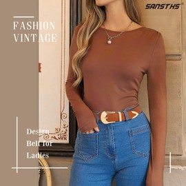 SANSTHS Women's Leather Belt Plus Size Ladies Western Belt Silver Gold Buckle Black Waist Belt for Jeans Pants Dresses, Brown S