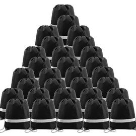 BeeGreen 30 Pieces Black Drawstring Backpacks Bulk Cinch Bags, Reflective String Backpacks DIY for Gym Sport Trip