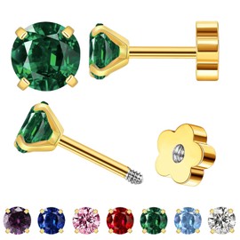 Small Gold Stud Flat Back Earrings for Women Girls,14k Gold Plated Cubic Zirconia Screw Back Tiny Earrings,Hypoallergenic Flatback Dainty Cartilage Earring Jewelry Gifts for Teen Men(Green Emerald)