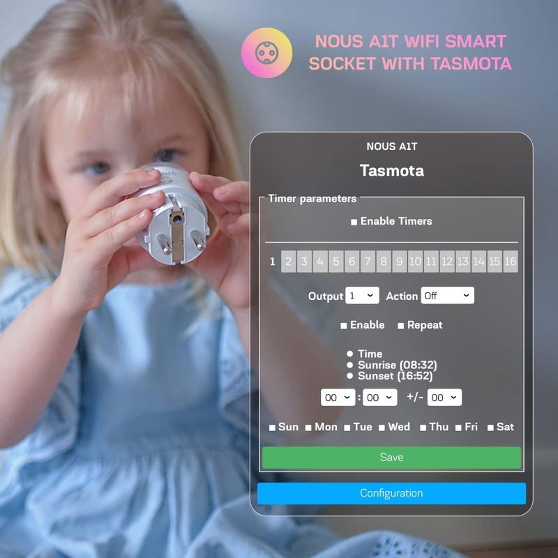 NOUS Tasmota Socket NOUS A1T, Smallest WiFi ESP8266 Smart Plug,