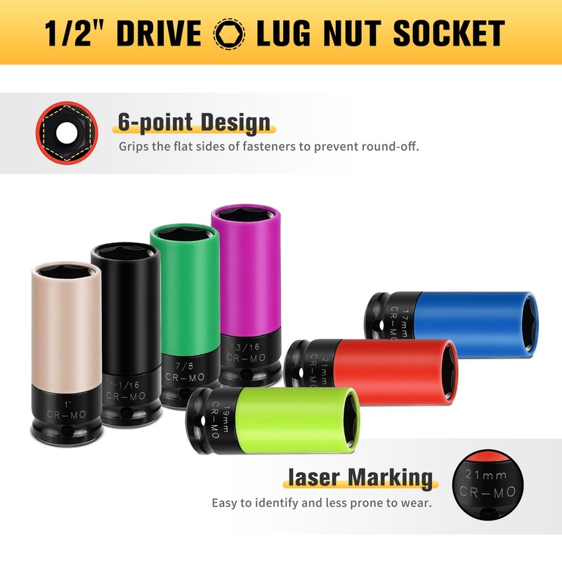 BOEN 1/2" Drive Impact Lug Nut Socket, 7 Pieces Non-Marring