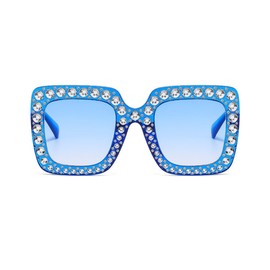 IKUVNA Oversized Crystal Rhinestone Sunglasses for Women Men Thick Frame Bling Glasses Sparkling Disco Glasses (Blue)