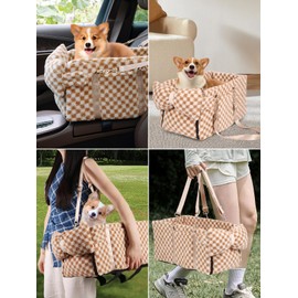 Prpeko Dog Car Seat for Small Dogs,Center Console Seat for Puppy,Dog Cat Booster Car Seat, Portable Car Armrest Seat for Dog & Cat Under 13 lbs,Pet Car Seat with Cozy Bow Neck Pillow (Grid-Brown)