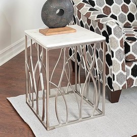 Roundhill Furniture Kameral Marble End Table Base, Square, White and Polished Stainless Steel