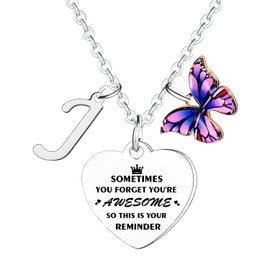 Inspirational Necklace with Initial You Are Awesome Necklace Butterfly Charm A-Z Letter Necklace for Friends Necklace Gifts for Sister Daughter Granddaughter 26 Letters Alphabet Necklace (Letter J)