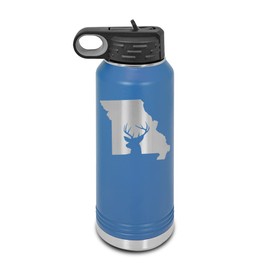 Missouri Deer State Laser Engraved Water Bottle Customizable Polar Camel Stainless Steel with Straw - Buck Hunt Hunting Rifle MO Blue 32 oz