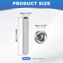 PATIKIL 25 Pcs Hex Socket Grub Screw, M8x60mm Flat Point Grub Bolt 304 Stainless Steel Head Socket Set Screws for Door Handles Light Fixture Repair
