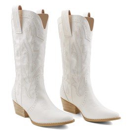 Zzheels Women Mid-calf Cowboy Boots Pointy Toe Boots Embroidered Western Cowgirl Boots Chunky Heels White Matte US8.5