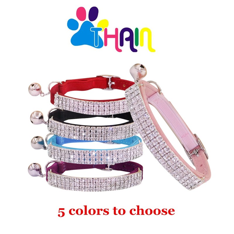 THAIN Rhinestones Cat Dog Collar Soft Velvet Safe Adjustable Collar