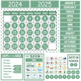 Qyeahkj Classroom Calendar Set Bulletin Board Sets for Teachers Eucalyptus Green Classroom Calendar Decorations with Seasons Festival Weather Days of the Week for PreSchool Home Office Wall