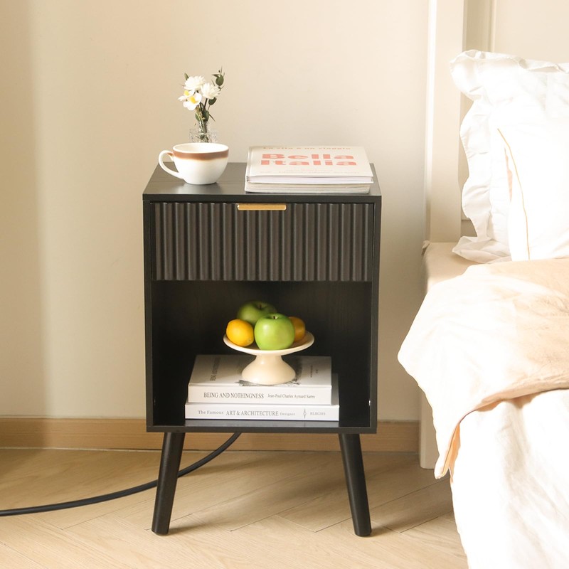 Fultyle Fluted Black Nightstand with Charging Station, Mid Century Modern