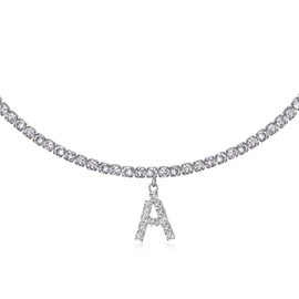 Initial A Necklaces for Women 14K White Gold Plated Cubic Zirconia Choker Silver Tennis Chain Letter Necklace Gift