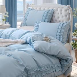 Merryword Light Blue Ruffle Duvet Cover King, 100% Cotton Comforter Cover Ultra Soft Breathable Bedding Coquette French Country Bedding Set