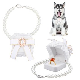 SUPERFINDINGS Pearl Wedding Dog Collar with Ring Box Rings Holder with Pet Rhinestone Couple Rings Bearer Case Cat Collar White Velvet Ring Box Collar for Proposal Engagement Wedding 13inch