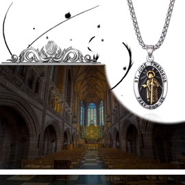 Flongo Rosary Men's Pendant Women's Necklace Stainless Steel Pendant Necklace Chain Silver Gold Golden St. Jude Thaddaeus Retro Oval Medallion, Stainless steel, high-quality, Thaddaeus