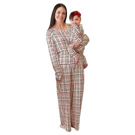 Mary Square Annie Red Green White Family Plaid Polyester Blend Women's Festive Christmas Holiday Buttery Soft Pajama Pant Set, 1X-Large
